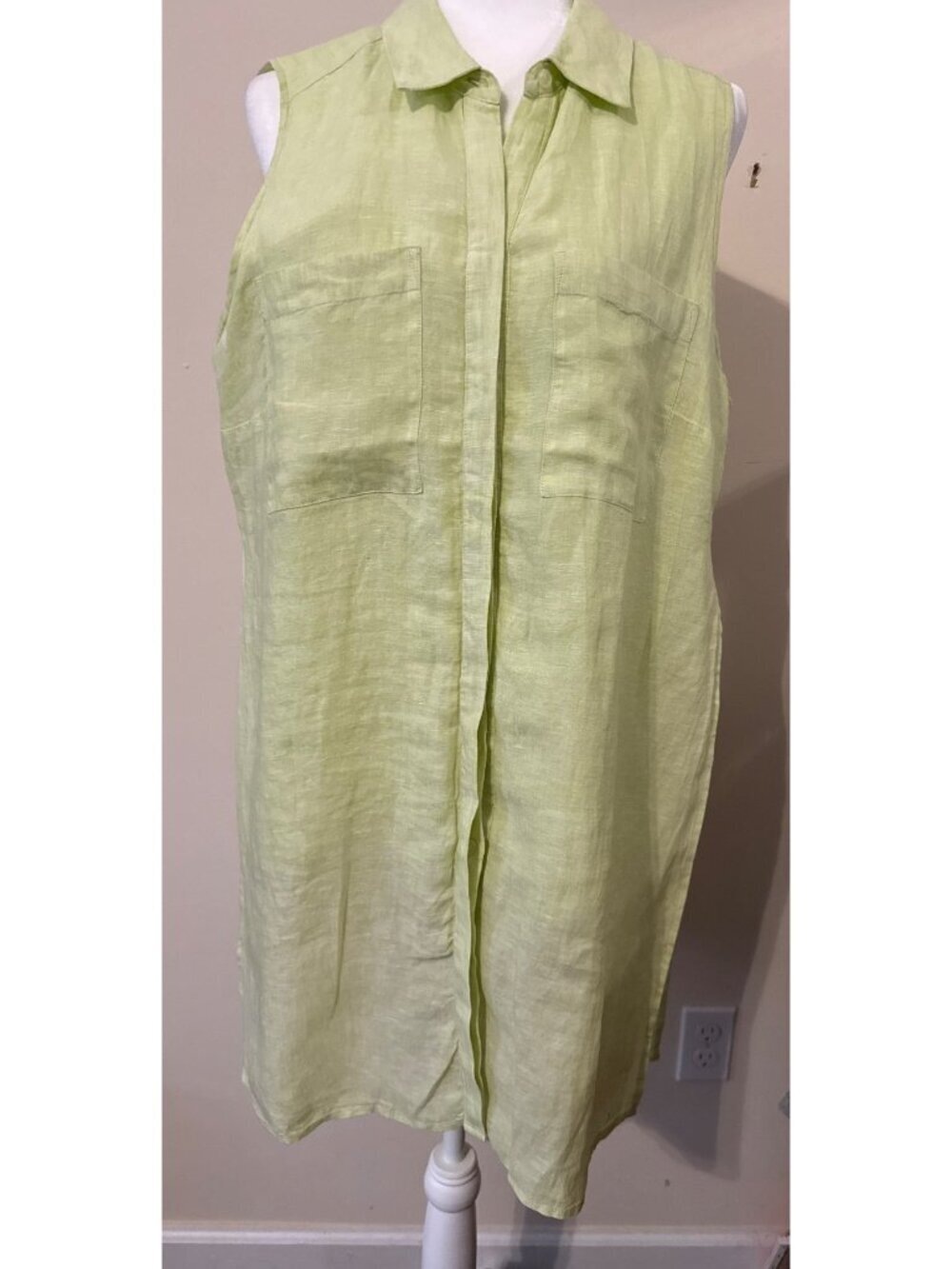 Chicos Linen Tunic Button Up Sleeveless Side Slit Layered Lime Green Sz 2 (L)
